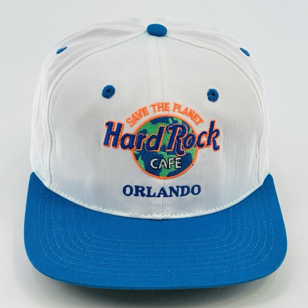 Vintage Hard Rock Cafe Hat Cap Snapback White Blue Orlando Florida Planet 90s